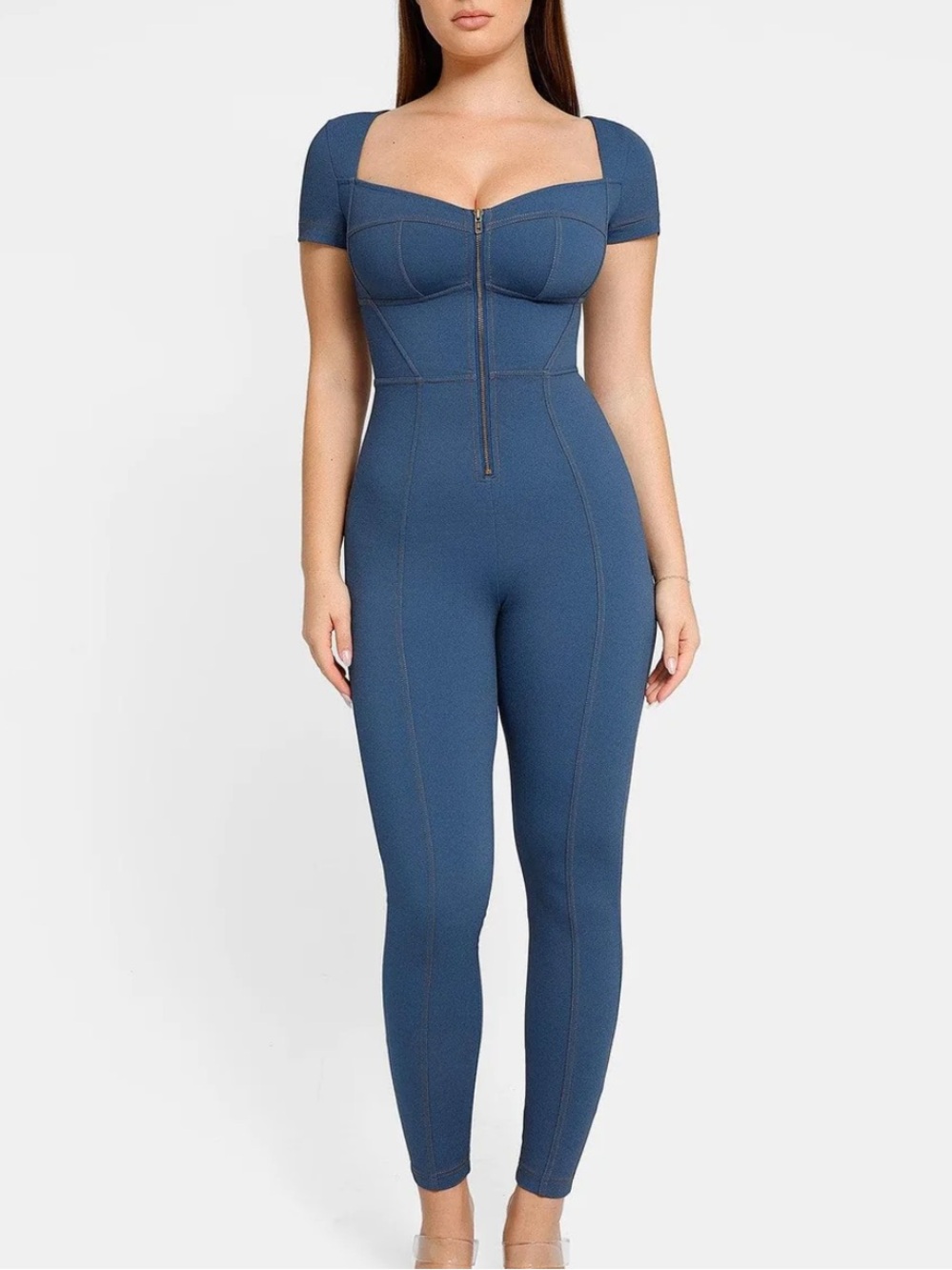 POPILUSH Shapewear Denim Short Sleeve Zip-Front Butt Lift Blue Jumpsuit Size S
